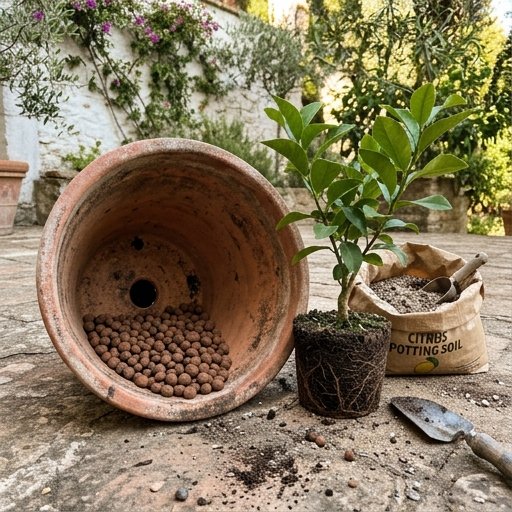 Grande vaso di terracotta nuovo con strato di argilla espansa sul fondo e terriccio accanto a un giovane agrume da rinvasare
