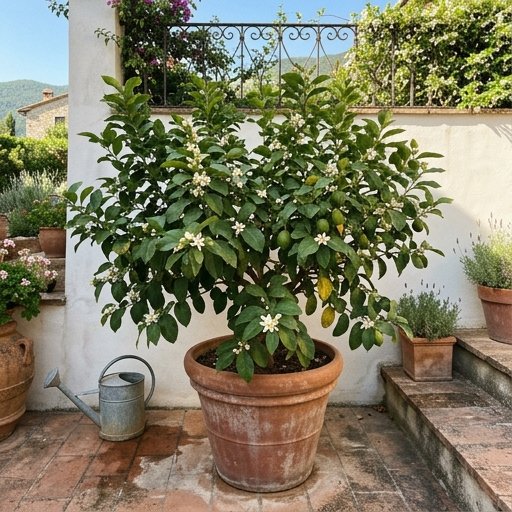 Agrume in vaso di terracotta in pieno sole su un terrazzo esposto a sud con foglie verdi lucide e fiori bianchi profumati