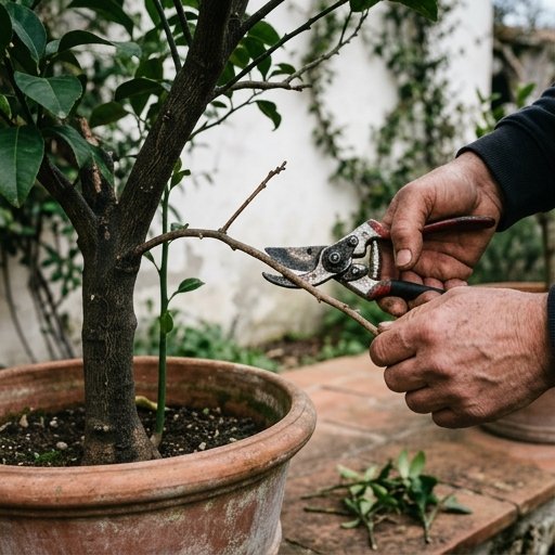 Mani con cesoie che potano un ramo secco di un agrume in vaso di terracotta a fine inverno su un terrazzo