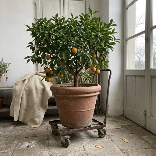 Agrume in vaso di terracotta protetto con telo di tessuto non tessuto al riparo di una veranda fresca e luminosa in inverno