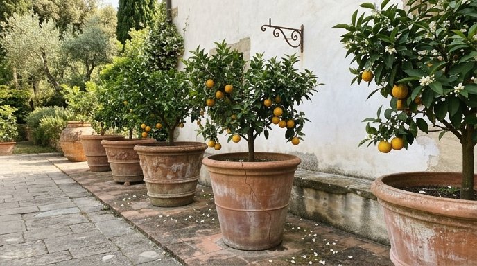 Alberelli di arancio carichi di frutti dorati in grandi vasi di terracotta allineati al sole su un terrazzo di pietra
