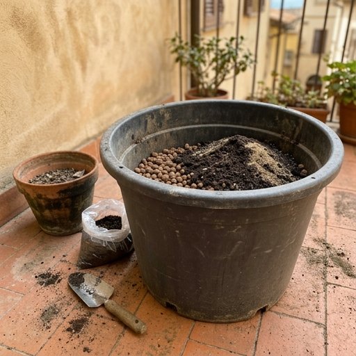 Grande vaso in resina con argilla espansa e terriccio per piante da frutto pronto per il rinvaso di un albero nano