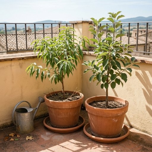 Vasi con piccoli alberi da frutto nani allineati al sole nell'angolo più luminoso di un terrazzo