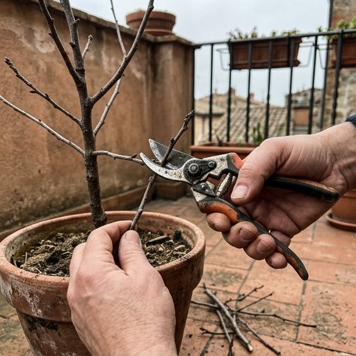 Mani con cesoie pulite che potano in inverno un ramo secco di un piccolo albero da frutto nano in vaso