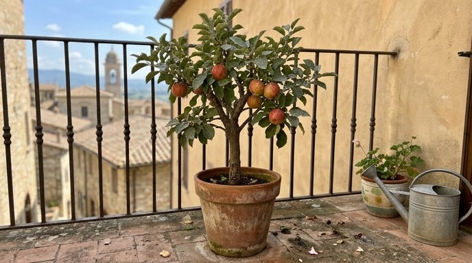 Piccolo melo nano in vaso carico di mele rosse su un balcone in cotto con ringhiera in ferro battuto