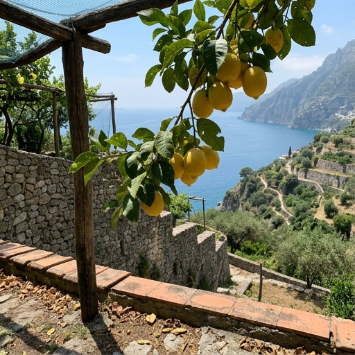 Limoni gialli su un albero davanti a terrazzamenti a picco sul mare azzurro della Costiera.