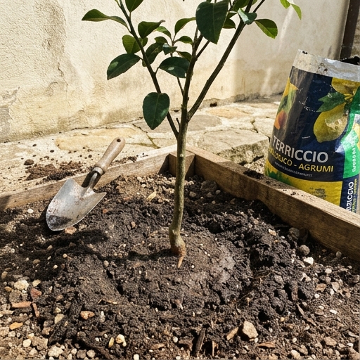 Giovane limone appena piantato in un'aiuola rialzata di terra scura accanto a un muro intonacato a sud.