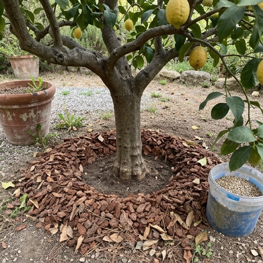Pacciamatura di corteccia attorno al tronco di un limone, con concime specifico per agrumi accanto.