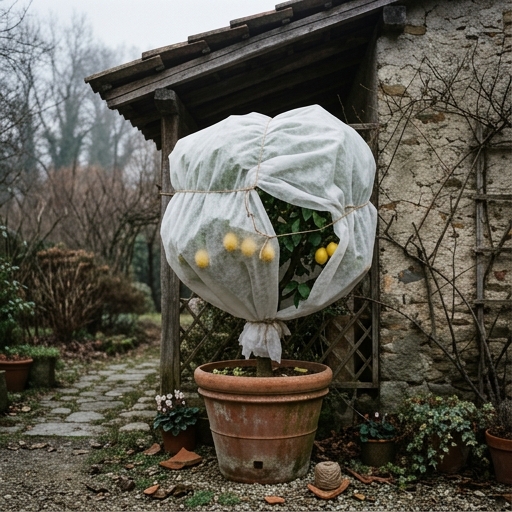 Limone in grande vaso di terracotta avvolto in tessuto non tessuto bianco per proteggerlo dal gelo invernale.