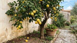Albero di limone carico di limoni gialli maturi davanti a un muro intonacato chiaro in un giardino italiano.