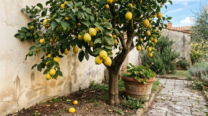 Albero di limone carico di limoni gialli maturi davanti a un muro intonacato chiaro in un giardino italiano.