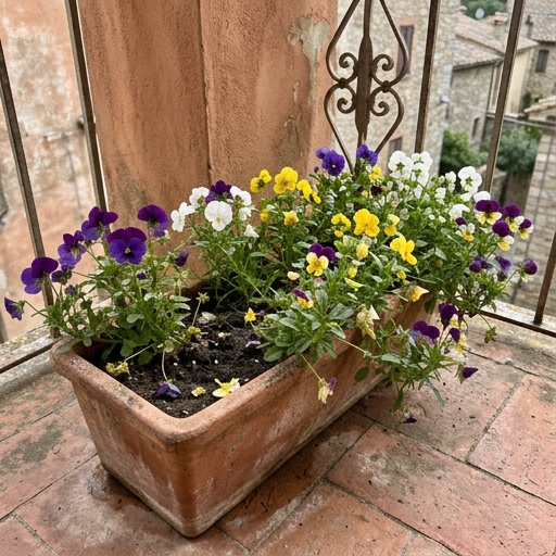 Balcone d'Autunno: Fiori e Colore per Tutto l'Inverno 6 Fioriera di viole del pensiero dai colori vivaci al sole d'autunno su un balcone
