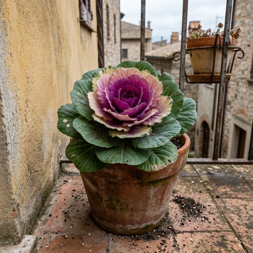 Balcone d'Autunno: Fiori e Colore per Tutto l'Inverno 7 Cavolo ornamentale in vaso di terracotta con rosetta di foglie rosa e crema su un balcone