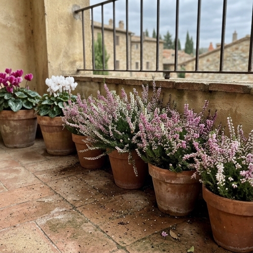 Balcone d'Autunno: Fiori e Colore per Tutto l'Inverno 8 Cespi di erica invernale con fitti fiorellini rosa e lilla nei vasi su un balcone