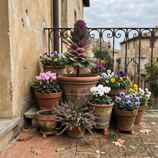 Balcone d'Autunno: Fiori e Colore per Tutto l'Inverno 13 Vasi accostati di cavolo ornamentale, ciclamini, viole ed erica in una composizione su un balcone