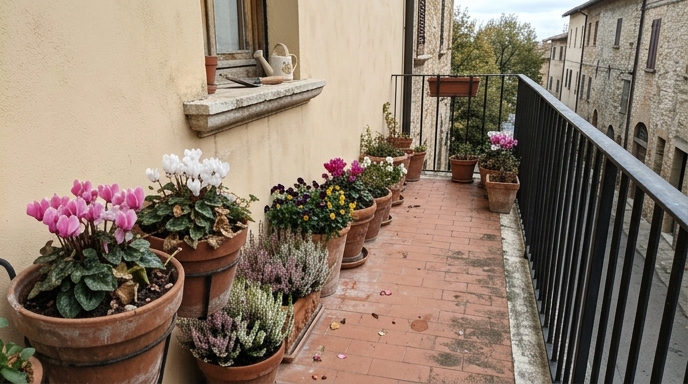 Balcone con vasi di terracotta pieni di ciclamini e viole colorati nella luce fresca d'autunno