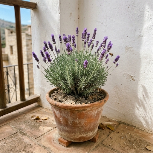 Cespuglio di lavanda con spighe viola in un vaso di terracotta su un balcone soleggiato