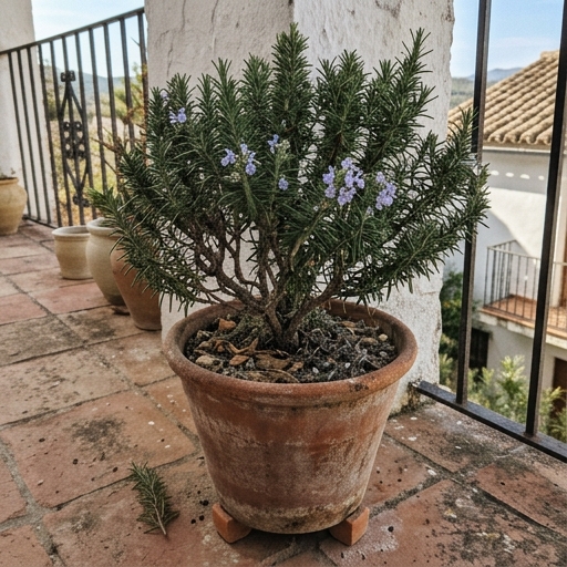 Pianta di rosmarino sempreverde in un grande vaso di cotto sul pavimento di un balcone