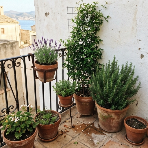 Vasi di lavanda, rosmarino e gelsomino disposti su diversi livelli lungo la ringhiera di un balcone