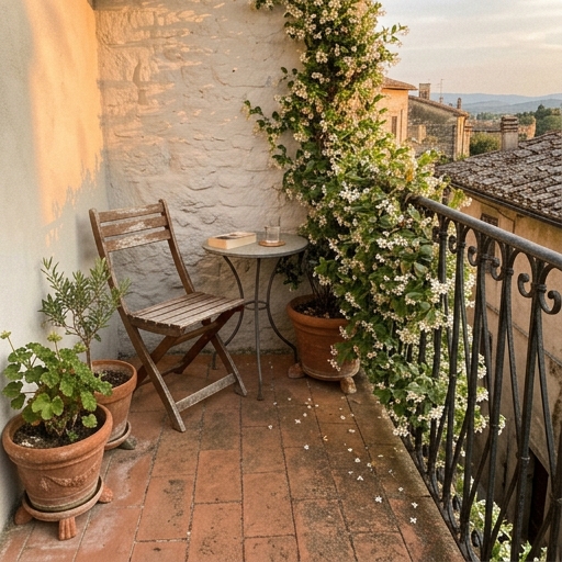 Gelsomino rampicante in fiore lungo la ringhiera accanto a una sedia in un angolo relax del balcone