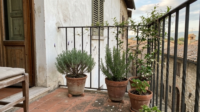 Balcone mediterraneo con gelsomino sulla ringhiera, lavanda e rosmarino in vasi di terracotta sul pavimento in cotto