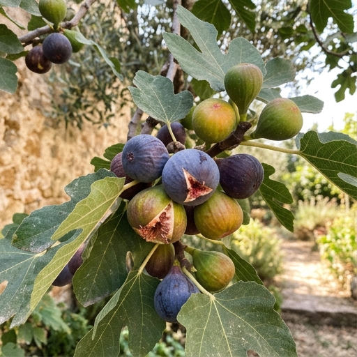 Coltivare il Fico: l'Albero da Frutto più Facile 7 Primo piano di fichi maturi viola e verdi tra le foglie lobate dell'albero, alcuni leggermente screpolati