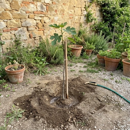 Coltivare il Fico: l'Albero da Frutto più Facile 8 Giovane albero di fico appena piantato in piena terra contro un muro di pietra esposto a sud, terreno smosso intorno
