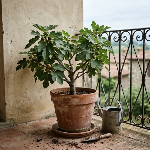 Coltivare il Fico: l'Albero da Frutto più Facile 9 Albero di fico coltivato in un grande vaso di terracotta su un terrazzo, con foglie lobate e piastrelle di cotto