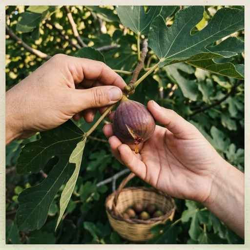 Coltivare il Fico: l'Albero da Frutto più Facile 10 Mani che raccolgono delicatamente un fico maturo dal ramo, frutto morbido con picciolo piegato verso il basso
