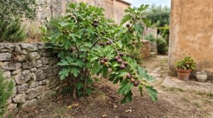 Albero di fico con grandi foglie lobate e fichi maturi in un orto di casa accanto a un muro di pietra