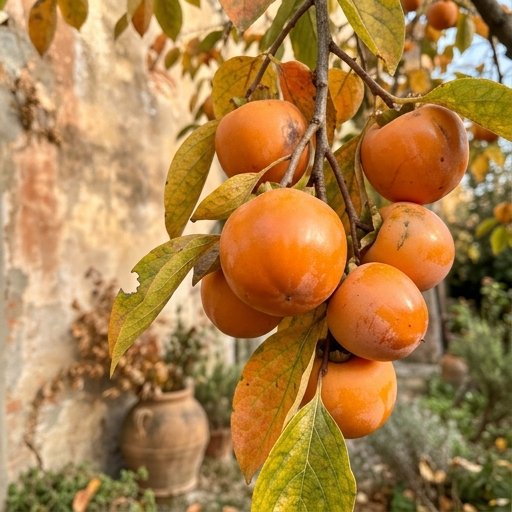 Frutti di caco maturi color arancione appesi a rami con poche foglie autunnali in un orto italiano