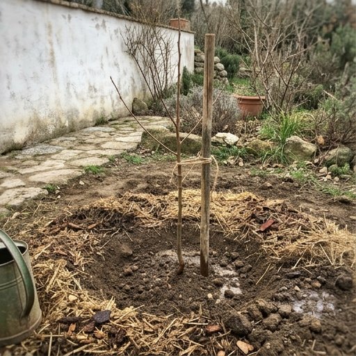 Giovane albero di caco appena piantato in una buca con pacciamatura alla base in un giardino italiano