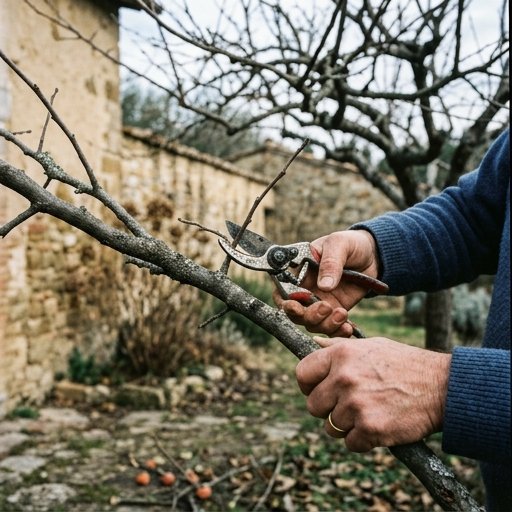 Mani con cesoie che potano un ramo legnoso e spoglio di caco in inverno in un giardino italiano