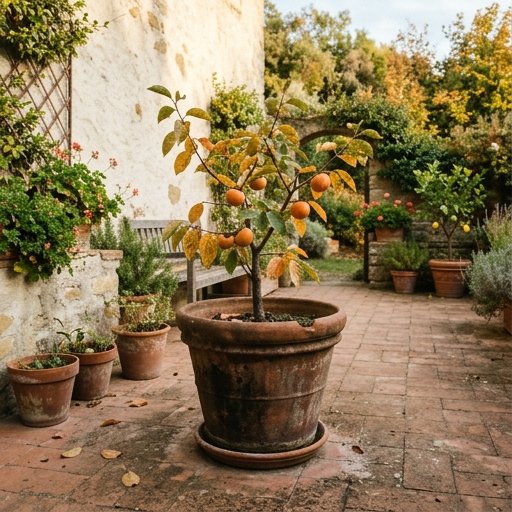 Piccolo albero di caco coltivato in un grande vaso di terracotta su un terrazzo italiano in autunno