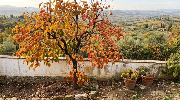 Albero di caco in autunno con foglie arancioni e frutti dorati su rami spogli in un giardino italiano