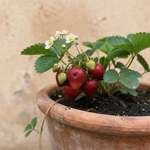 Coltivare Fragole in Vaso: Guida Dolce per il Balcone 7 Primo piano di fragole rosse mature e fiori bianchi su una pianta di fragola in vaso