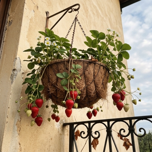Coltivare Fragole in Vaso: Guida Dolce per il Balcone 8 Paniere sospeso con fragole ricadenti rosse e fiori bianchi appeso su un balcone