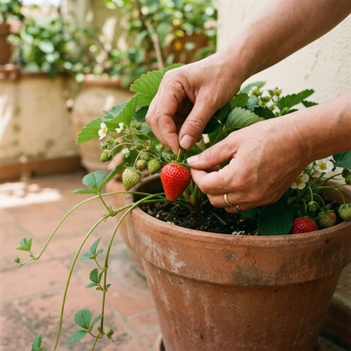 Coltivare Fragole in Vaso: Guida Dolce per il Balcone 10 Mano che raccoglie una fragola rossa matura con il picciolo da una pianta in vaso