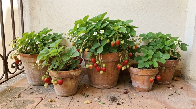 Vasi di terracotta con piante di fragole, frutti rossi e fiori bianchi, su un balcone italiano soleggiato