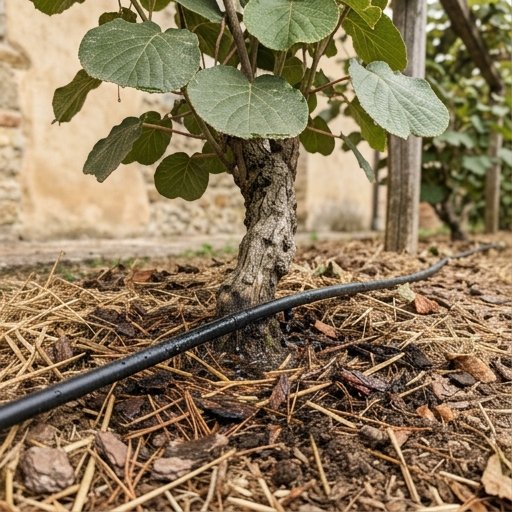 Tubo a goccia che bagna il terreno pacciamato con paglia alla base di una pianta di kiwi dalle foglie larghe