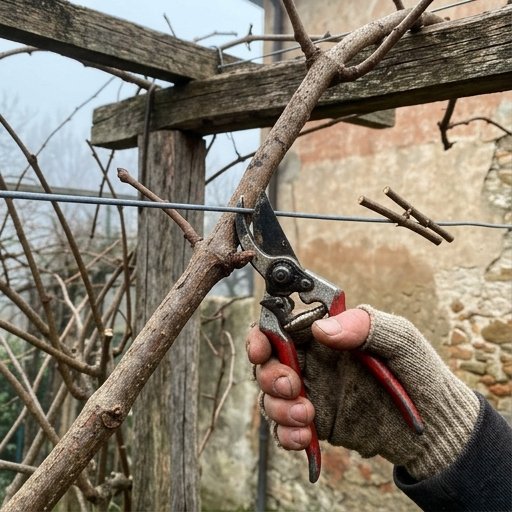 Mani con cesoie che potano un tralcio legnoso spoglio di kiwi lungo il filo del pergolato in inverno