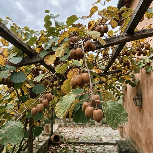 Grappoli di kiwi maturi e pelosi pronti per la raccolta che pendono dal pergolato tra le foglie autunnali