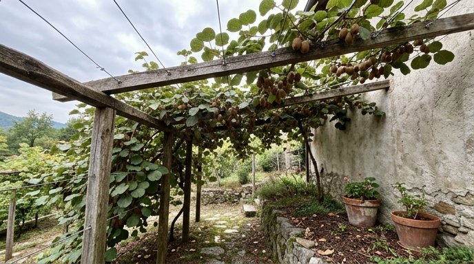 Liana di kiwi rigogliosa su un pergolato in legno con fili di ferro e grappoli di frutti pelosi marroni