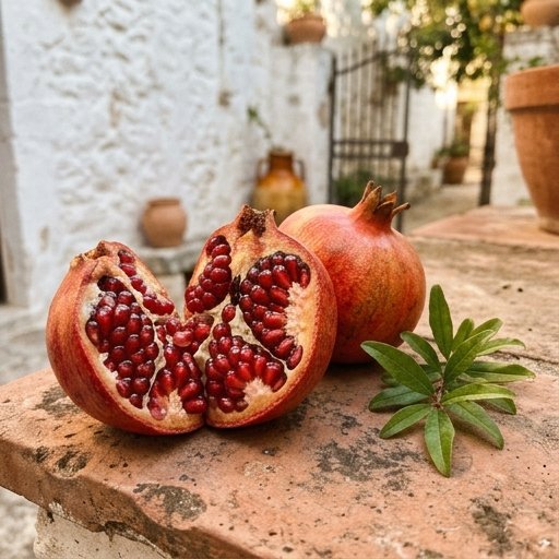 Melagrana rossa matura aperta a mostrare gli arilli rossi succosi su un tavolo in pietra al sole