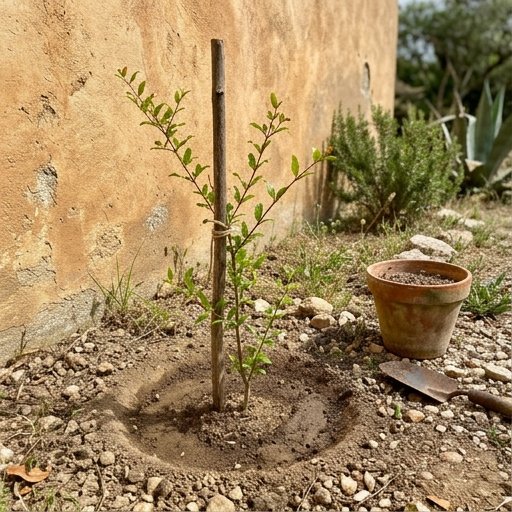 Giovane melograno appena messo a dimora in piena terra contro un muro esposto a sud in un giardino soleggiato