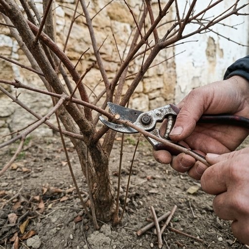 Mani con cesoie che potano in inverno un ramo legnoso e spoglio del melograno in un giardino mediterraneo