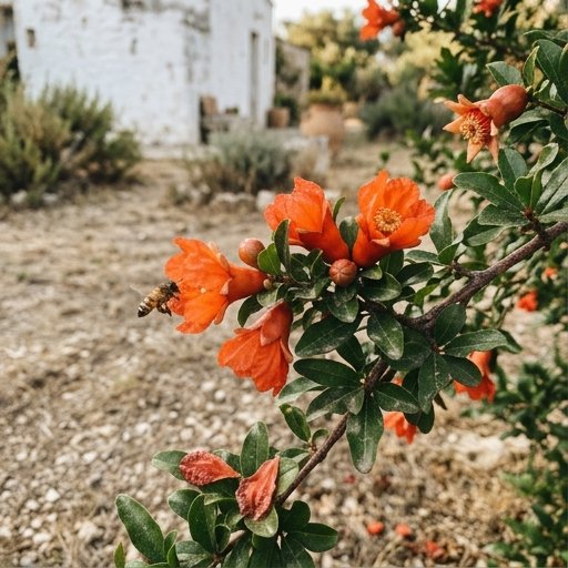 Fiori arancio-rossi del melograno in piena fioritura su rami con piccole foglie verdi sotto il sole estivo