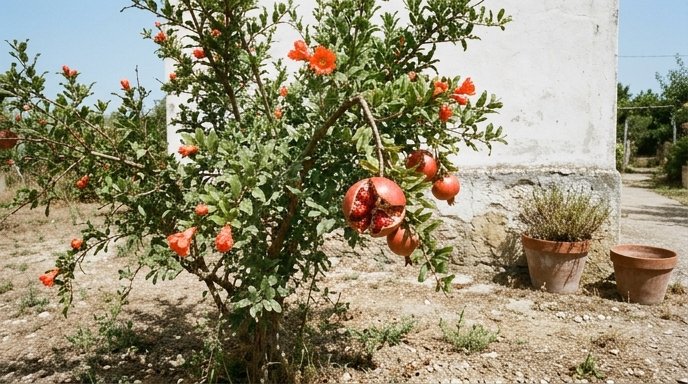 Melograno in giardino del Sud Italia con fiori arancio-rossi e frutti rossi accanto a un muro intonacato bianco