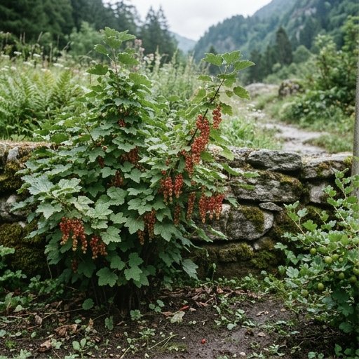 Grappoli di ribes rosso traslucido appesi a un cespuglio rustico in un angolo semi-ombreggiato di un giardino di montagna