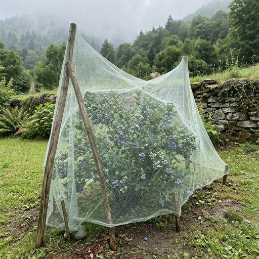 Rete antiuccello a maglie fini stesa su una semplice struttura di paletti sopra un cespuglio di mirtilli con bacche